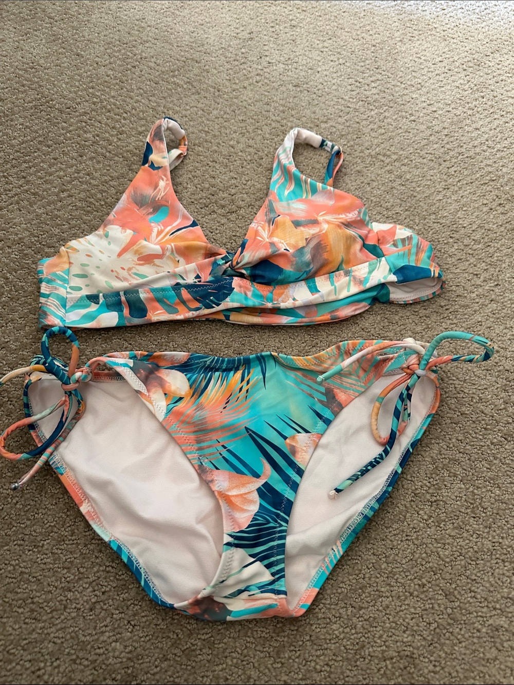 Raisins Tropical Print Bikini Set in Teal and Coral
